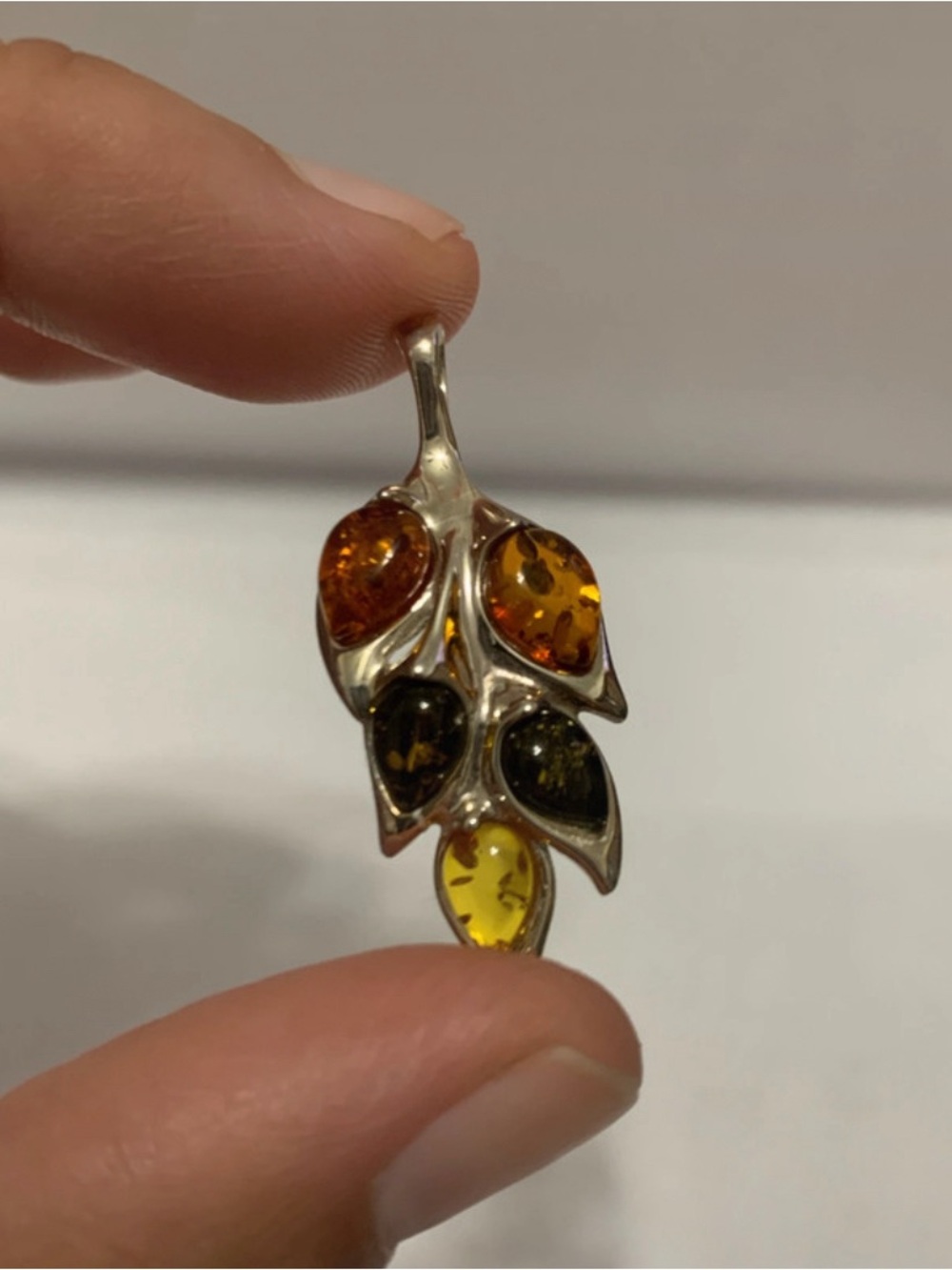 Paz Creations Sterling Silver Multi-Color Baltic Amber Leaf Pendant